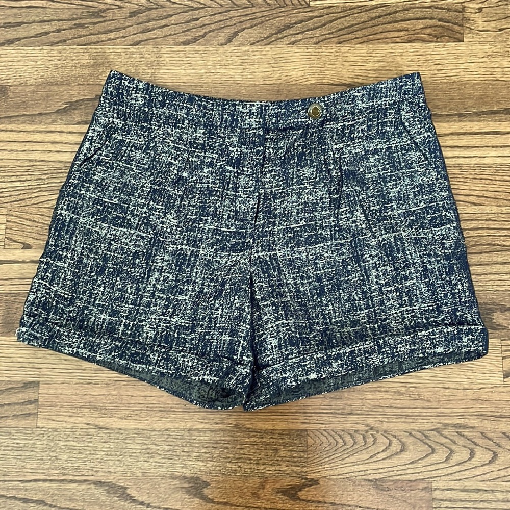 Anthropologie Coquille Midnight Blue & Metallic Light Gold Pleated Dress Shorts - Picture 2 of 6